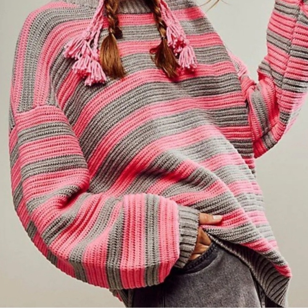 Free People Pink and Gray Striped Sweater